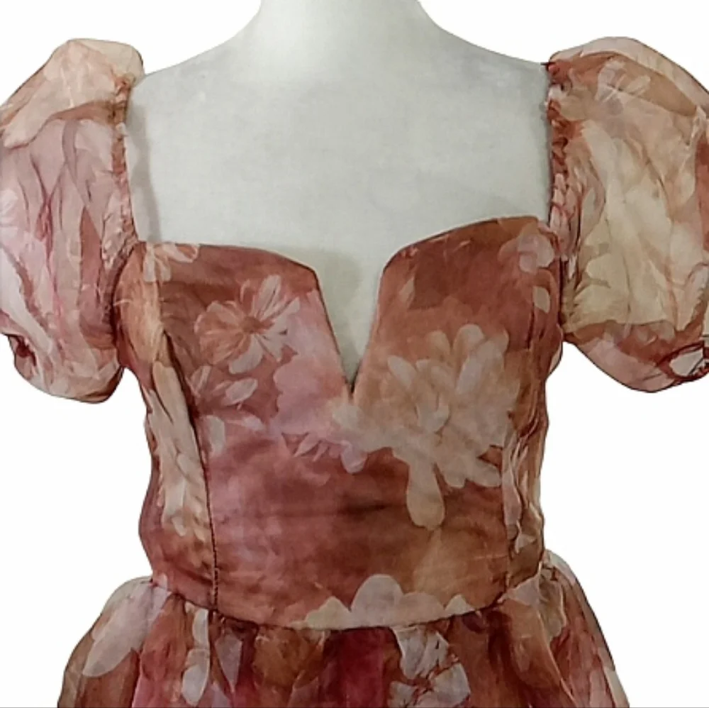 Lulus Lovely Statement Floral Organza Tie Back Puff Sleeve Midi Dress Size Small